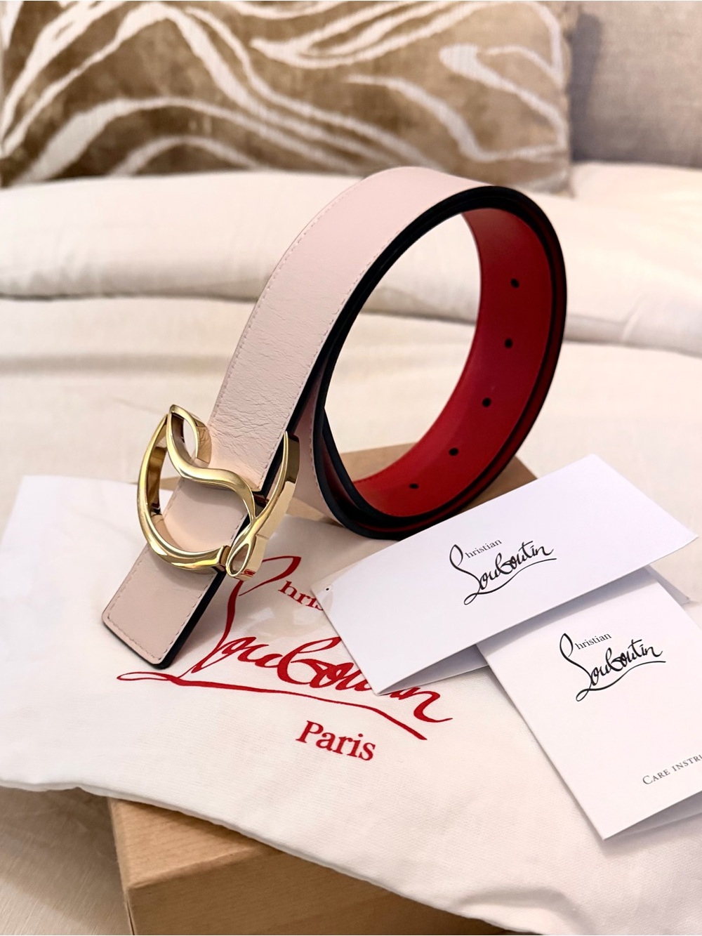 Christian Louboutin Pale Pink CL Leather Belt Gold Buckle 65/26 XS